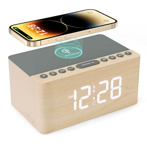 ANJANK 木製目覚まし時計付きBluetoothスピーカー、FM ラジオ、ワイヤレス充